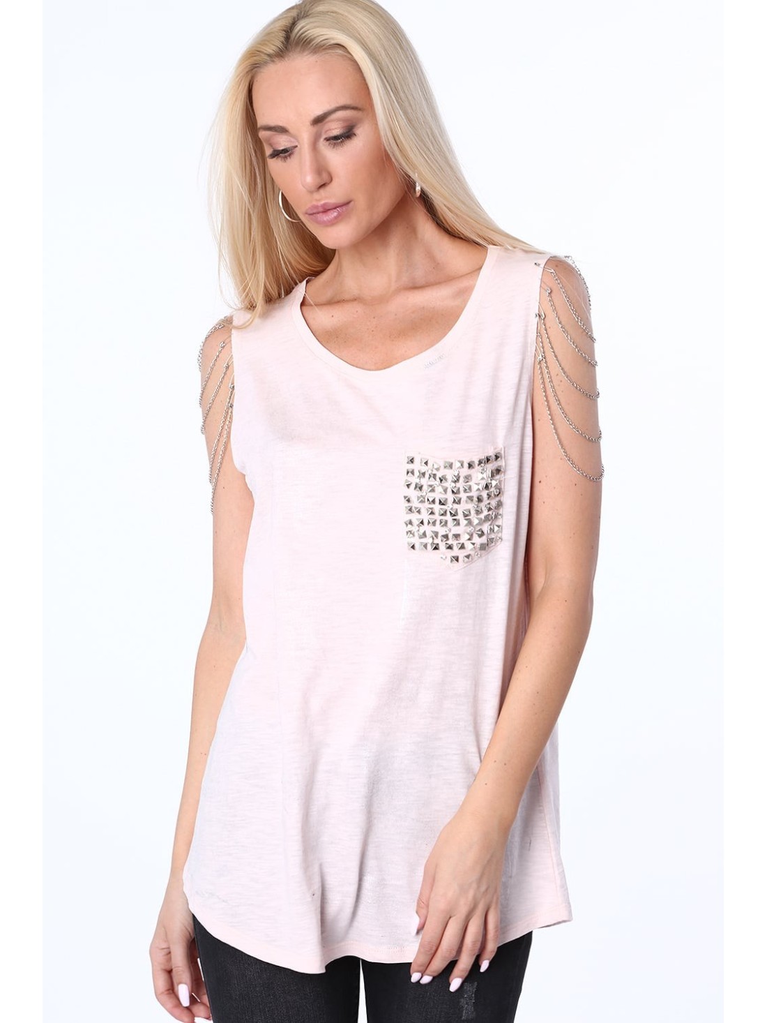 Women\'s blouse with rhinestones and chains, light pink ZZ1120 - Online store - Boutique